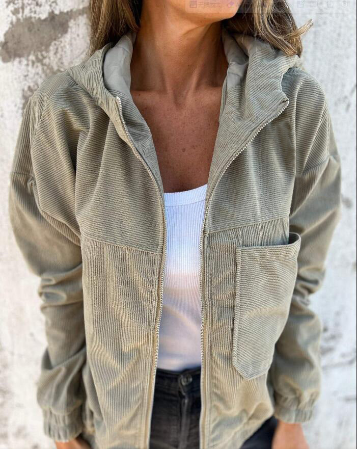 Women's Solid Color Simple Corduroy Hooded Jacket