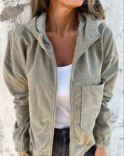 Women's Solid Color Simple Corduroy Hooded Jacket
