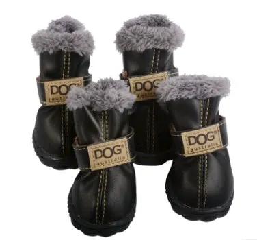 Dog thick snow boots with grey faux fur trim, black exterior; four-pack