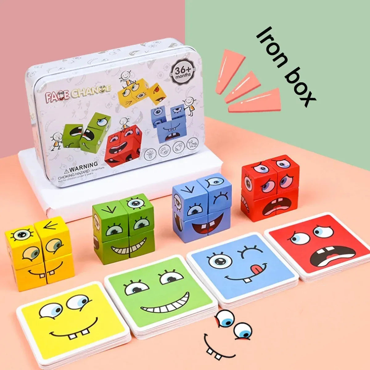 Jouet en Bois Expressions Cubes Magiques en Bois Blocs de Construction Motif Visage Jouets Éducatifs Montessori Puzzles Blocs à Assortir en Bois