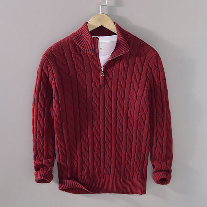 Men's Thickened Coarse Knit Mock Neck Zipper Loose Pullover Sweater