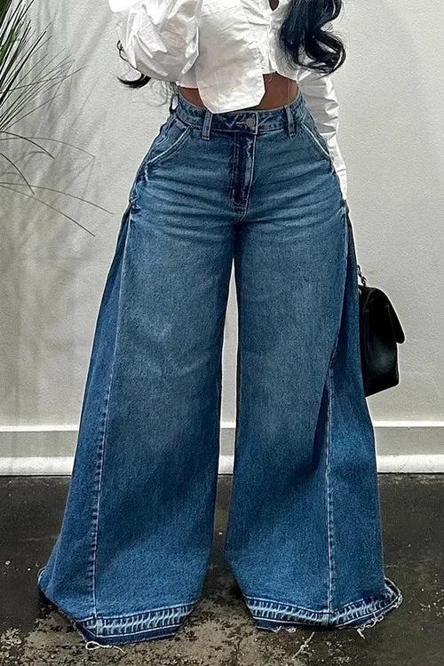 Loose Wide Leg Jeans Stitching Bell-bottom Pants Tassel Trousers by JeansDenim.Store