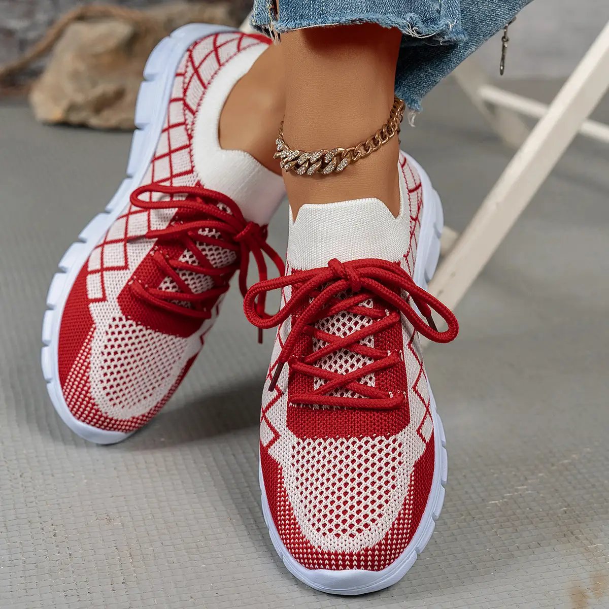 Women’s red and white colorblock plaid lace-up flyknit sneakers with breathable mesh
