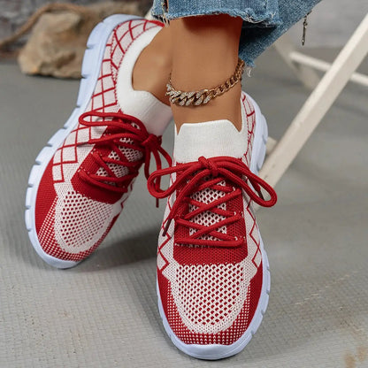 Women’s red and white colorblock plaid lace-up flyknit sneakers with breathable mesh