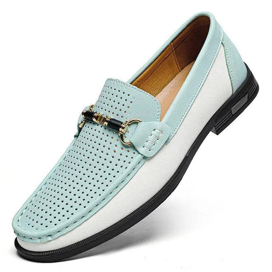 AdTec Meridian Genuine Leather moccasin slip-on flats in light blue perforated design