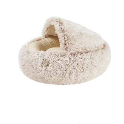 AdTec crystal velvet warm round cat bed with fur hood in beige