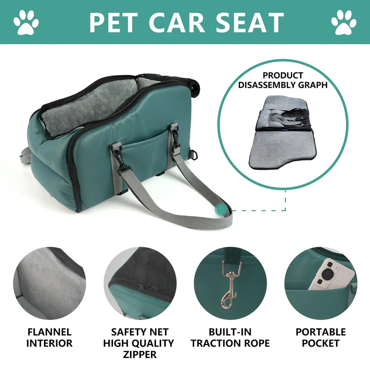 Removable and washable car kennel pet mat by AdTec, teal with built-in traction rope and portable pocket