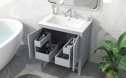 30" Bathroom Vanity with Sink, Multi-functional Bathroom Cabinet with Doors and Drawers, Solid Frame and MDF Board, Grey by eprolo