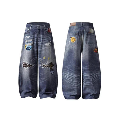 Embroidered Denim Pants Unisex Wide Leg Straight Leg Long Pants Trendy by eprolo