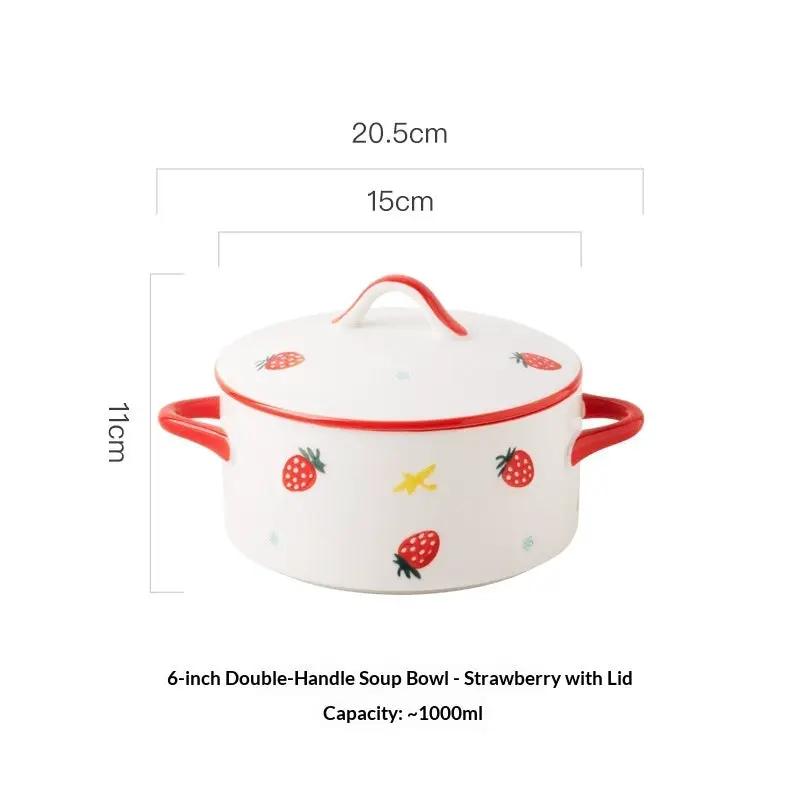 Double-handled ceramic soup bowl with lid by AdTec, white with red handles and strawberry pattern, 6-inch 1000ml