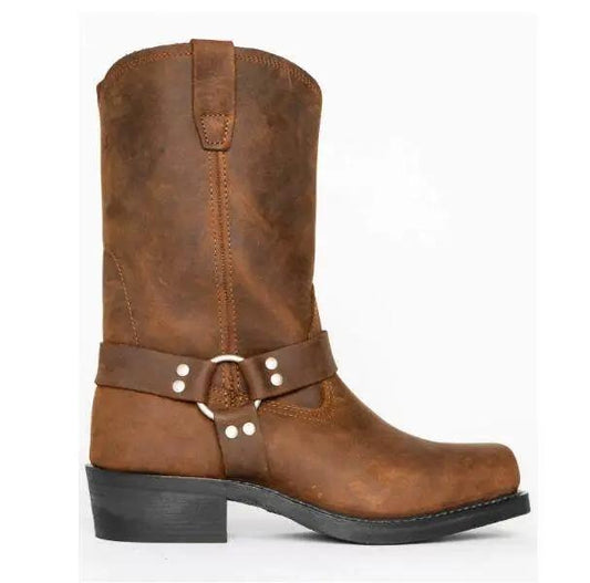 Boots AdTec vintage men's western boots, brown leather with harness strap and silver studs