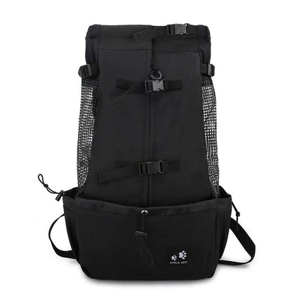 Black dog carrier backpack with mesh side panels and multiple adjustable buckles