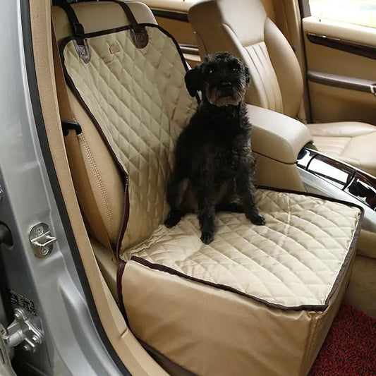 Front-seat pet car mat, beige quilted waterproof by AdTec with dog on it