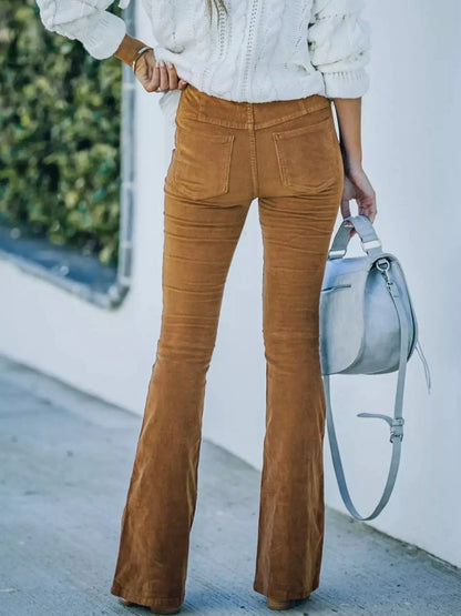 Full Size Corduroy Flare Pants Plus Size by Trendsi; camel brown corduroy, back pockets, wide-leg silhouette