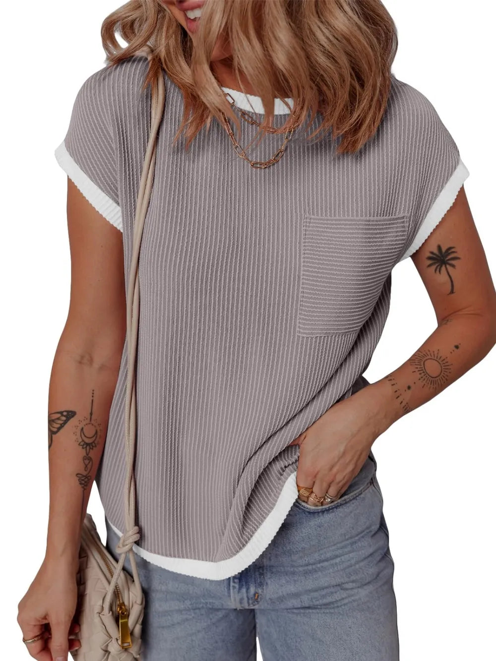Women's short sleeved T-shirt basic ribbed knit T-shirt