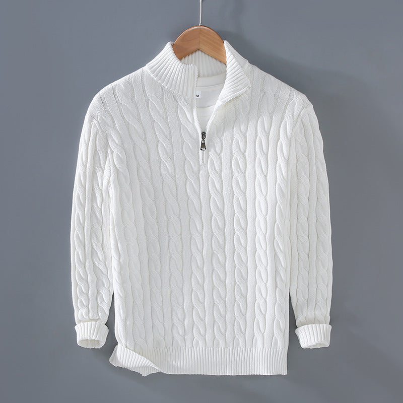 Men's Thickened Coarse Knit Mock Neck Zipper Loose Pullover Sweater