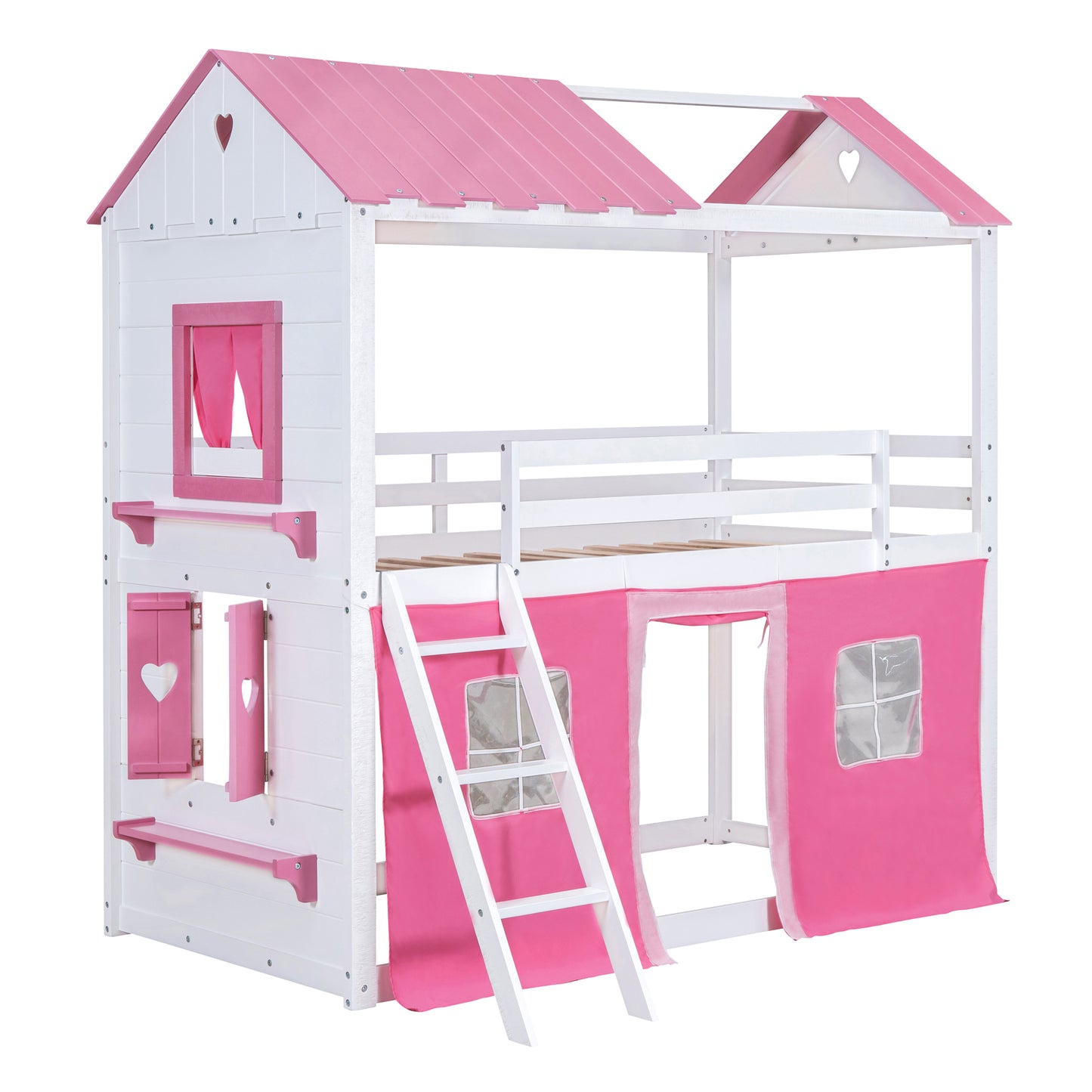 Cama de literas de madera individual con elegantes ventanas, alféizares y tienda de campaña, rosa + blanco