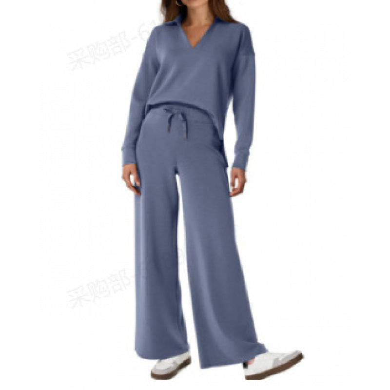 Chándal deportivo para mujer, conjunto de blusa de manga larga con cuello en V y pantalones rectos con cordón, conjunto de pantalones casuales de color liso