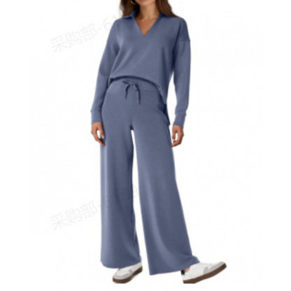Chándal deportivo para mujer, conjunto de blusa de manga larga con cuello en V y pantalones rectos con cordón, conjunto de pantalones casuales de color liso