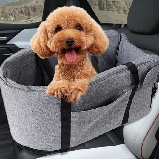 Outdoor Pet Kennel Four Seasons Universal by AdTec, grey fabric carrier with dog in car
