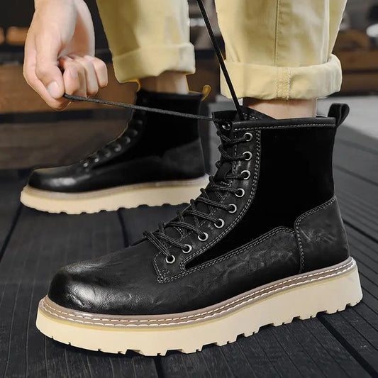 Trend British Style Premium Leather Heritage Work Boots, black leather, chunky beige sole, pair