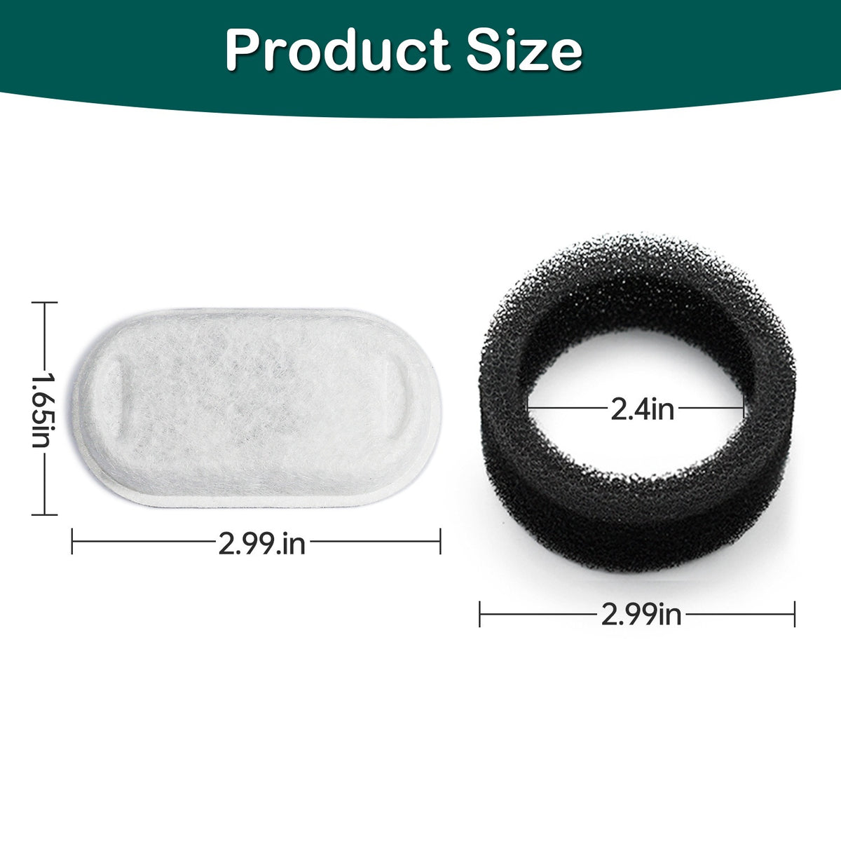 AdTec pet water dispenser filter set: white non-woven filter element and black foam ring, 2.99in x 1.65in, 2.4in
