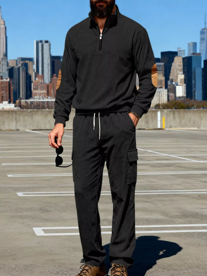 Mens casual matching long sleeve top and pants set, black with brown elbow patches, plus size.