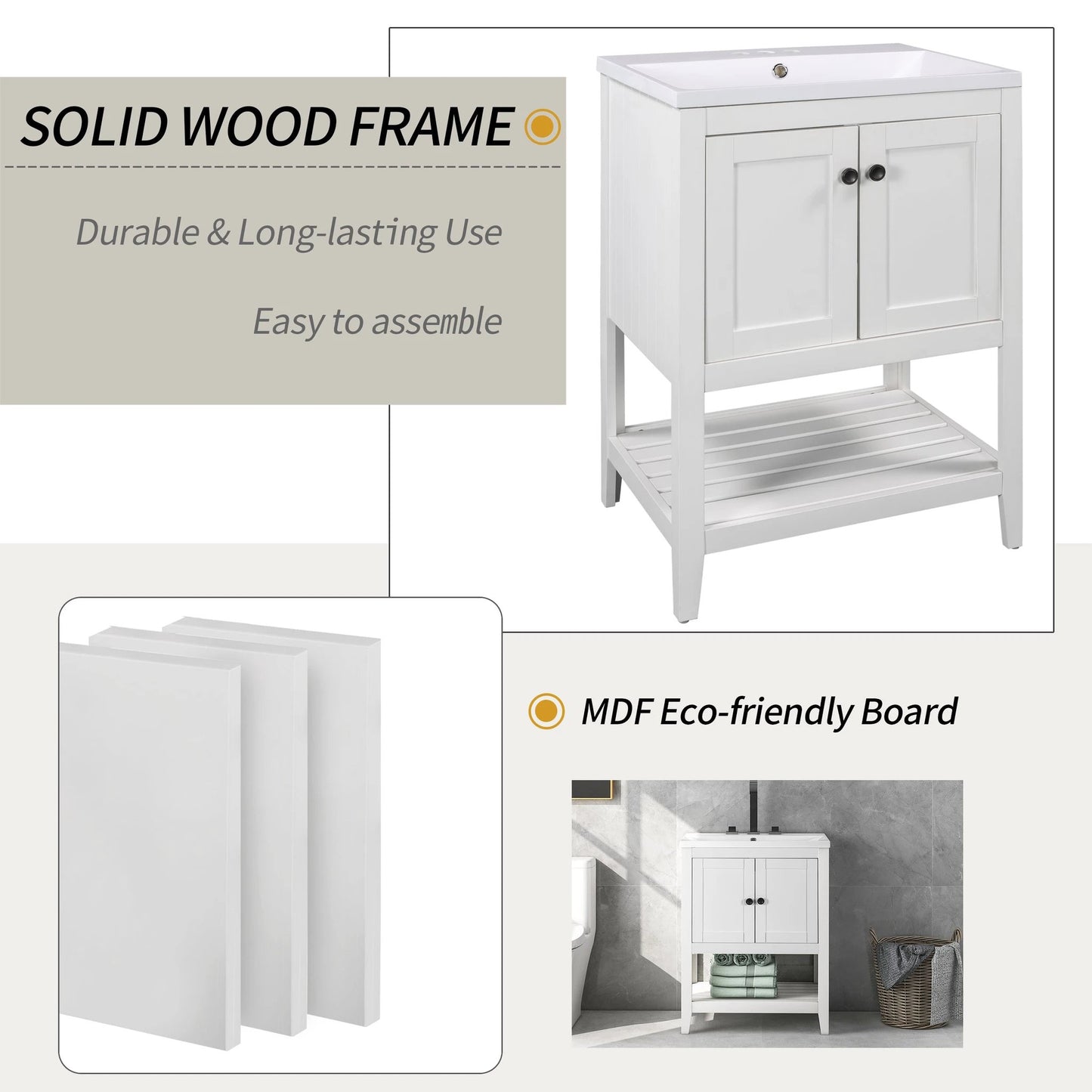 24" Bathroom Vanity Base Only, Soild Wood Frame, Bathroom Storage Cabinet by eprolo