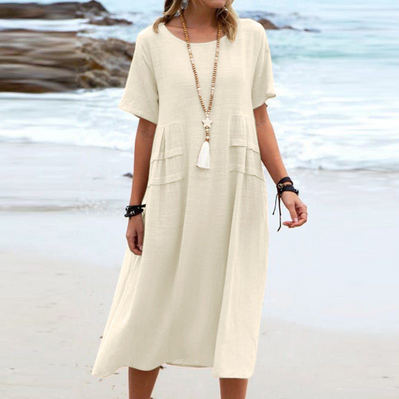 Vestido Midi Suelto Casual de Verano para Mujer de Lino y Algodón Transpirable de Manga Corta Vestidos de Longitud Media Vestido Sencillo de Playa para Mujer