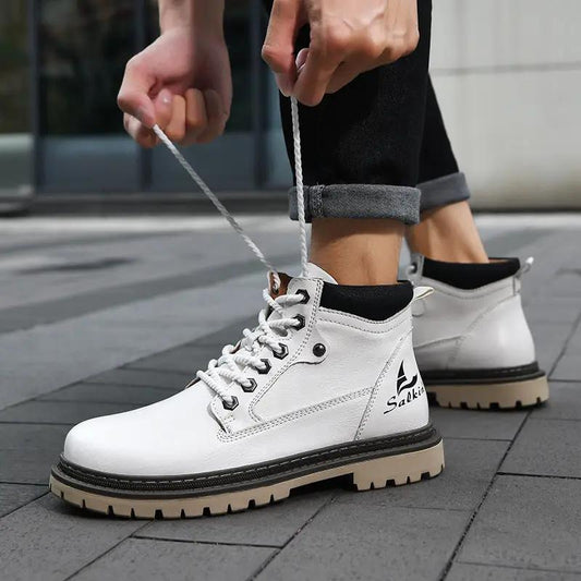Lancaster Boots men's mid-top premium leather worker boot, white leather with black padded collar and beige lug sole.