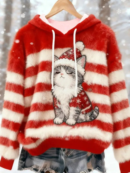 Womens Flannel Christmas Crew-Neck Long-Sleeve Top by AdTec, red and white striped fuzzy hoodie with cat graphic