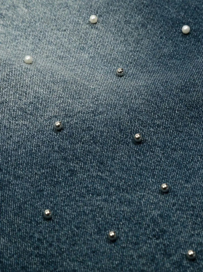 Men's relaxed wide-leg denim shorts in soft washed cotton, blue denim with pearl and silver studs.