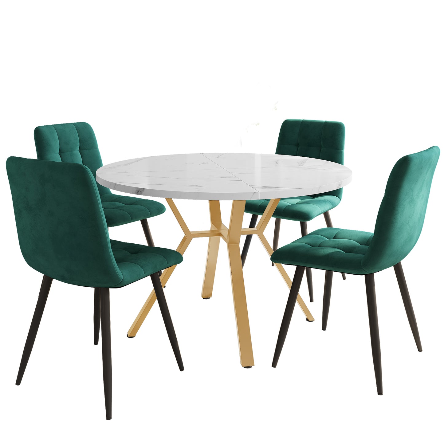 Juego de mesa de comedor, juego de mesa y sillas de comedor de 5 piezas, mesa de comedor redonda de mármol moderna y sencilla y juego de sillas, patas de metal color dorado, 4 sillas ergonómicas de terciopelo, sillas de comedor verdes