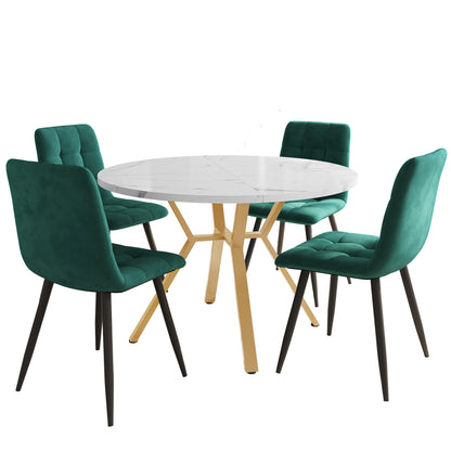 Juego de mesa de comedor, juego de mesa y sillas de comedor de 5 piezas, mesa de comedor redonda de mármol moderna y sencilla y juego de sillas, patas de metal color dorado, 4 sillas ergonómicas de terciopelo, sillas de comedor verdes