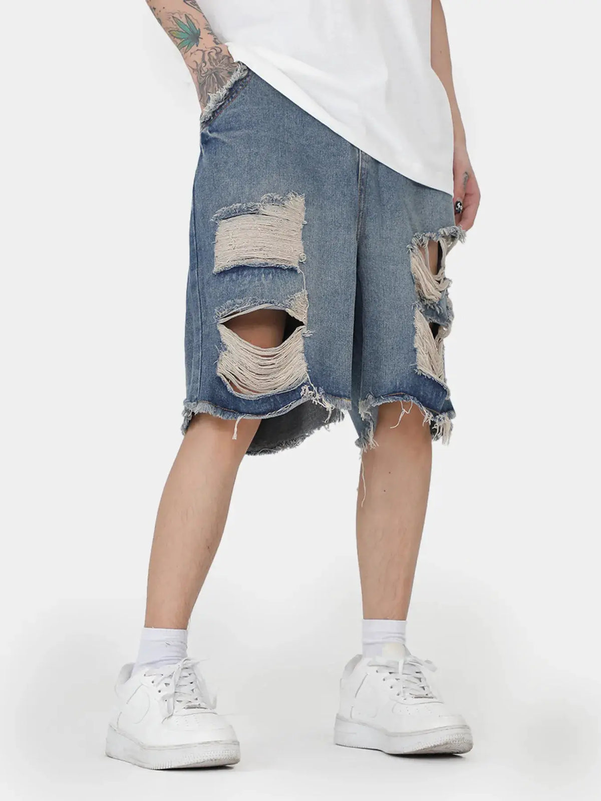 Mens Oversized Distressed Denim Shorts With Stretch Cotton Pockets, light-wash denim with ripped knees and frayed hems