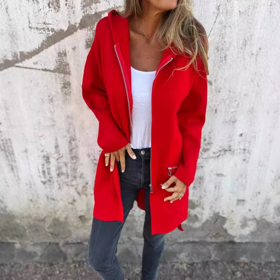 Zip-up Hooded Cardigan Coat Fashion Solid Color Pocket Jacket Fall And Winter Women's Coat Clothing