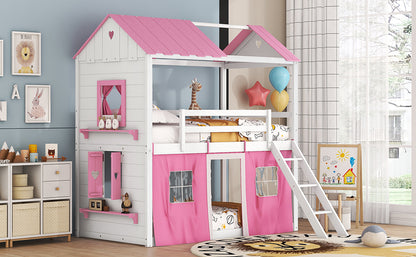 Cama de literas de madera individual con elegantes ventanas, alféizares y tienda de campaña, rosa + blanco