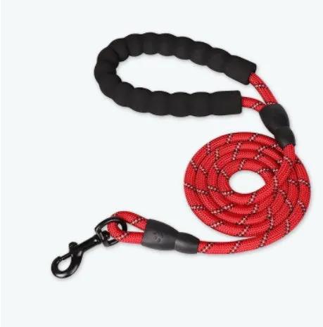Reflective dog leash, red rope with black padded handle and metal clip