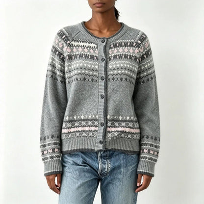 eprolo color-blocked cardigan sweater in gray with pink accents, button-front knit pattern