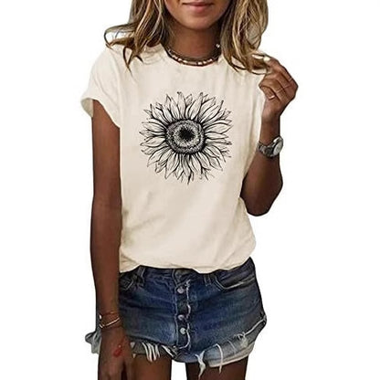 Camiseta de manga corta para mujer con estampado de girasol, top holgado de verano