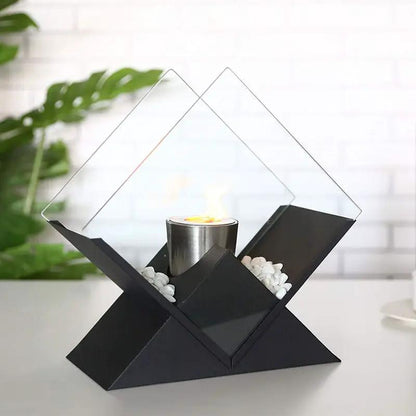 JHY DESIGN 14.5-inch tall tabletop fireplace with black geometric base, bio-ethanol burner, glass surround.
