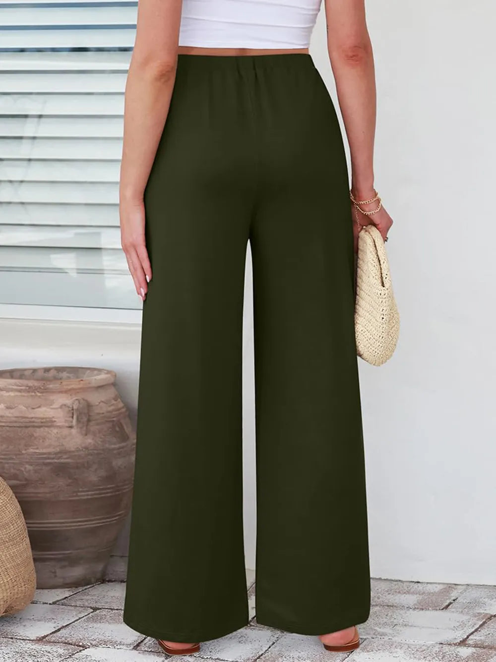 Elastic Waist Wide Leg Palazzo Pants in olive green with elastic waistband