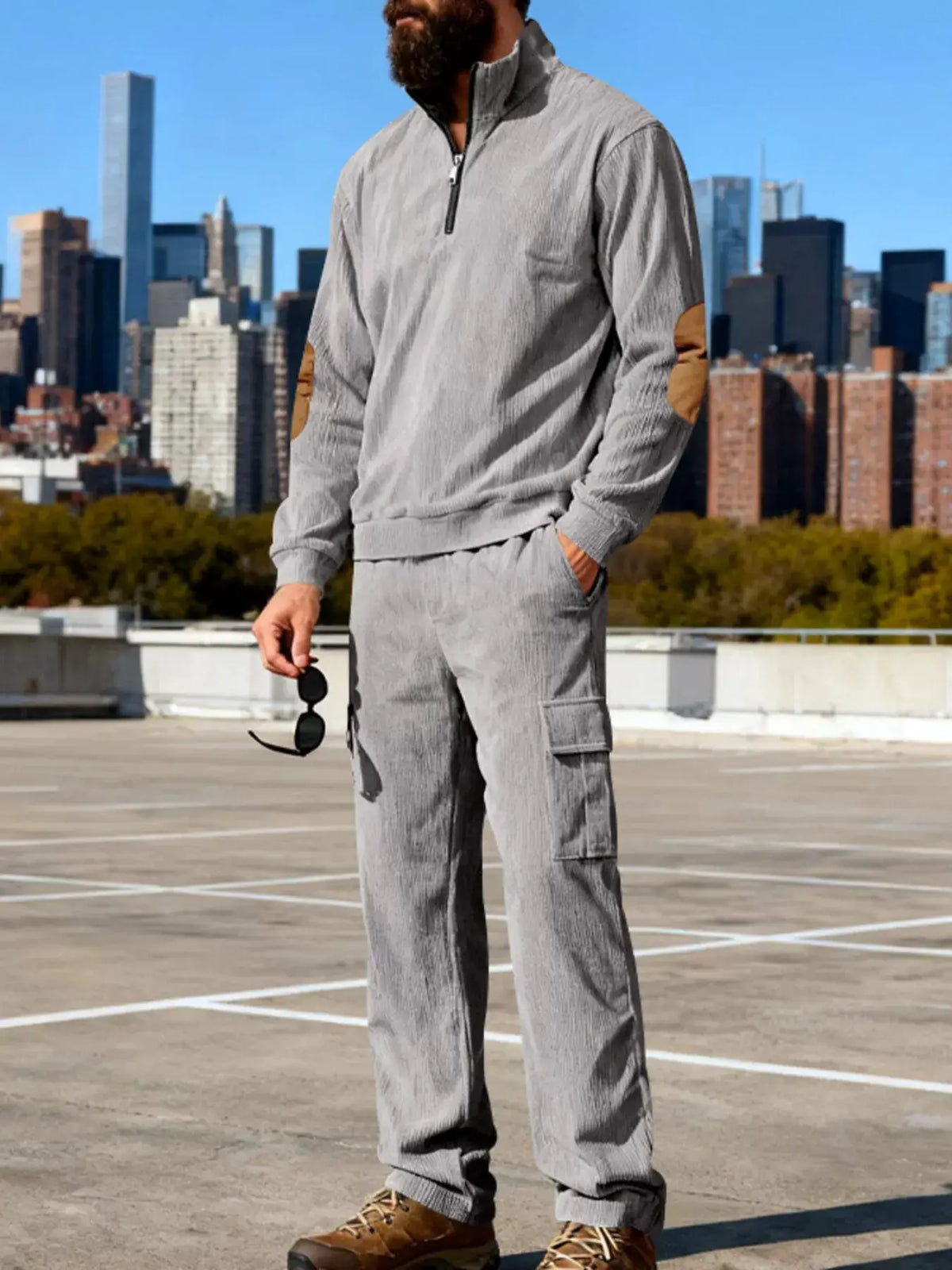 Mens 2-piece casual long-sleeve top and cargo pants set in gray plus size with brown elbow patches, Trendsi