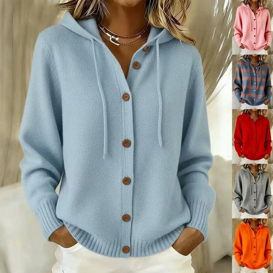 Womens relaxed fit hooded cardigan in light blue thick knit with brown buttons, shows five color options