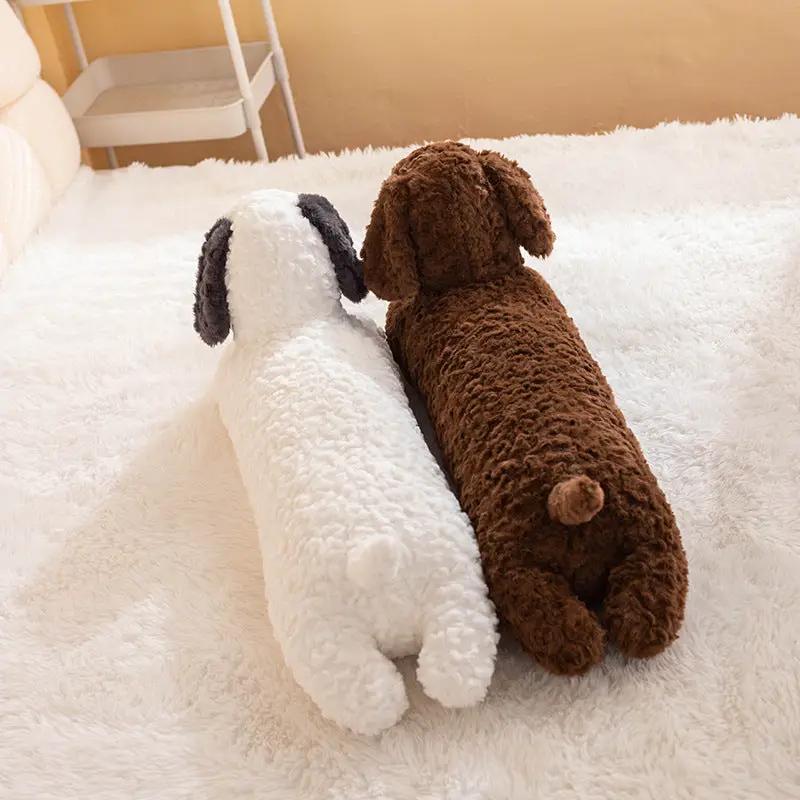 Dachshund plush long pillow pair in white and brown fur on a fluffy rug
