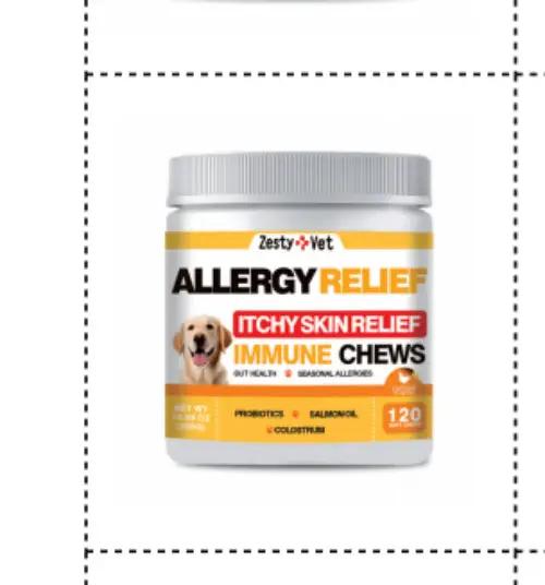 Health supplement Allergy Relief Immune Chews on a white bottle with an orange label, 120 chews.