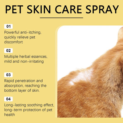 Pet Skin Care Spray Gentle Care by AdTec; yellow infographic layout with numbered benefits and orange cat fur.