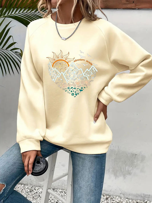 Sudadera informal de cuello redondo con estampado de corazones - Tejido de poliéster suave ligeramente elástico, lavable a máquina, perfecto para primavera y otoño - Ropa informal de manga larga para mujer
