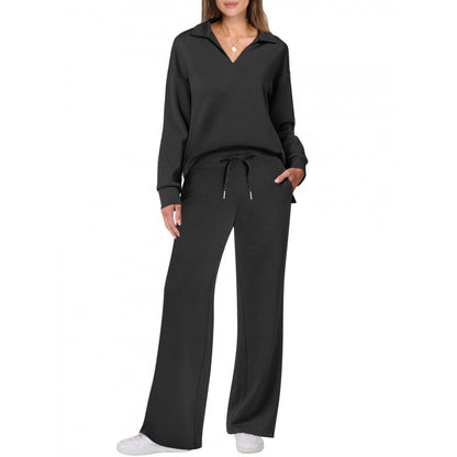 Chándal deportivo para mujer, conjunto de blusa de manga larga con cuello en V y pantalones rectos con cordón, conjunto de pantalones casuales de color liso