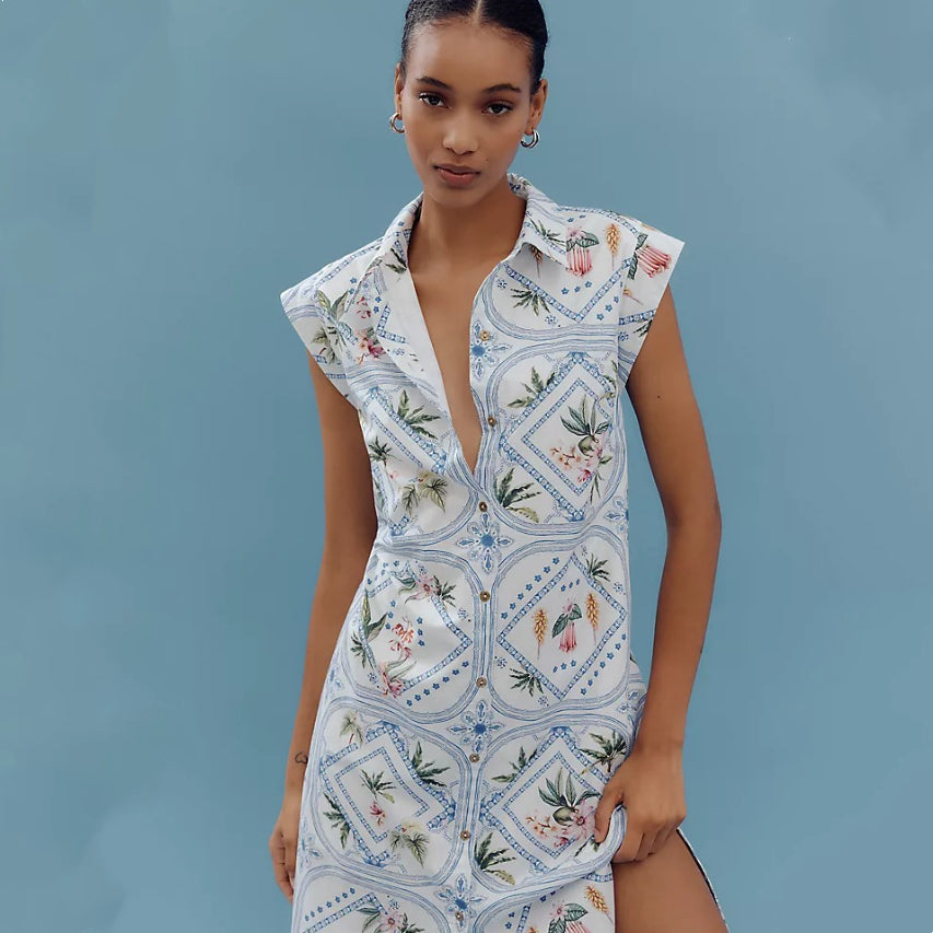 Vestido midi vintage con mangas casquillo y botones frontales